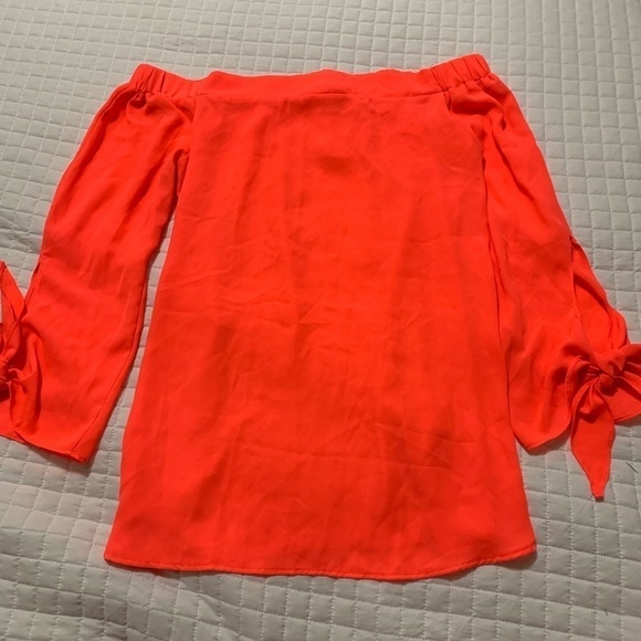𝅺Coral Pink Over-The-Shoulder Bell-Sleeve Blouse - Picture 2 of 7